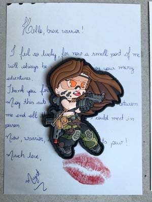 BB Heads MYST Airsoft Anna Action #7 Morale Patch with Letter Kiss background